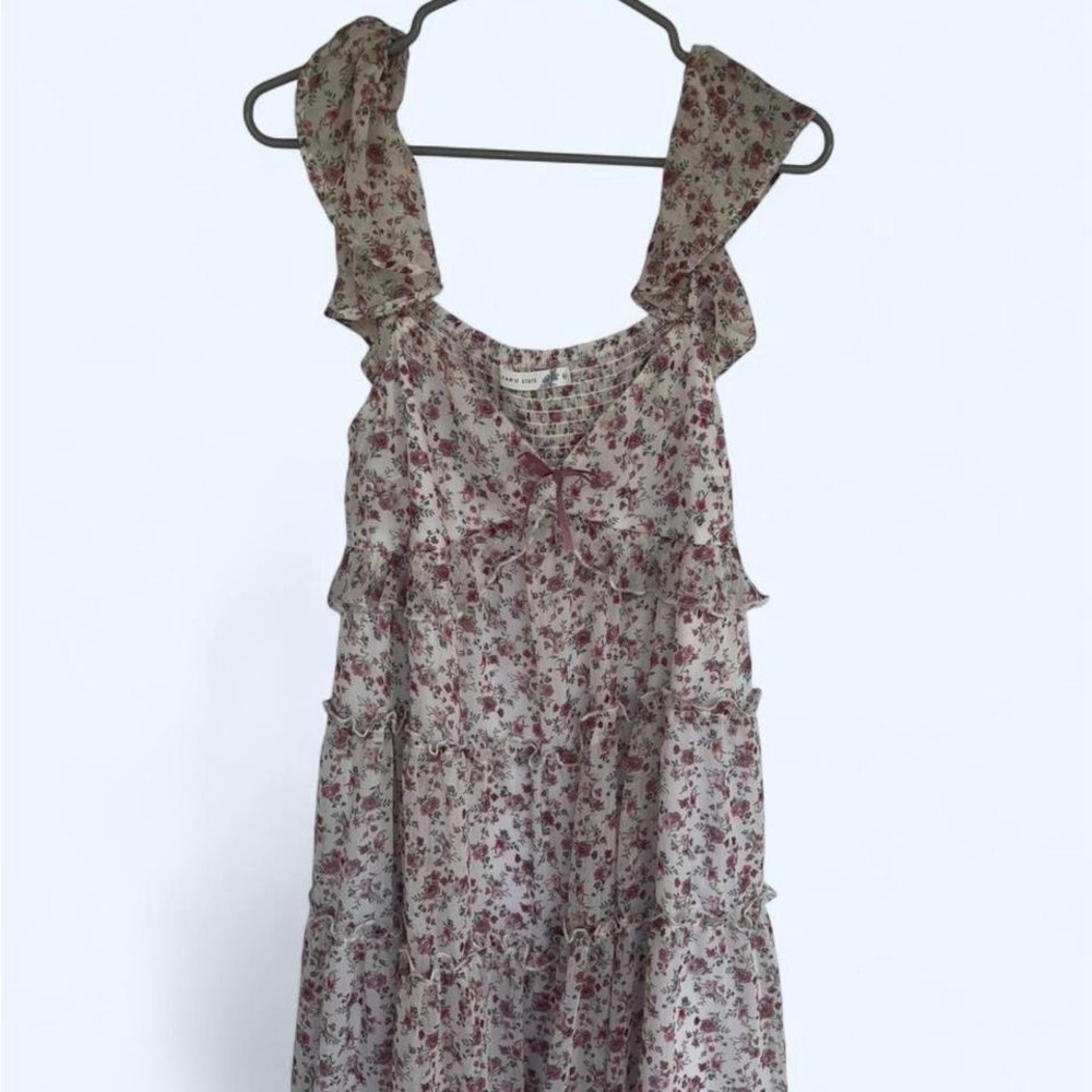 Altar'd State Floral Ruffle Tiered Sundress in Cream and Burgundy